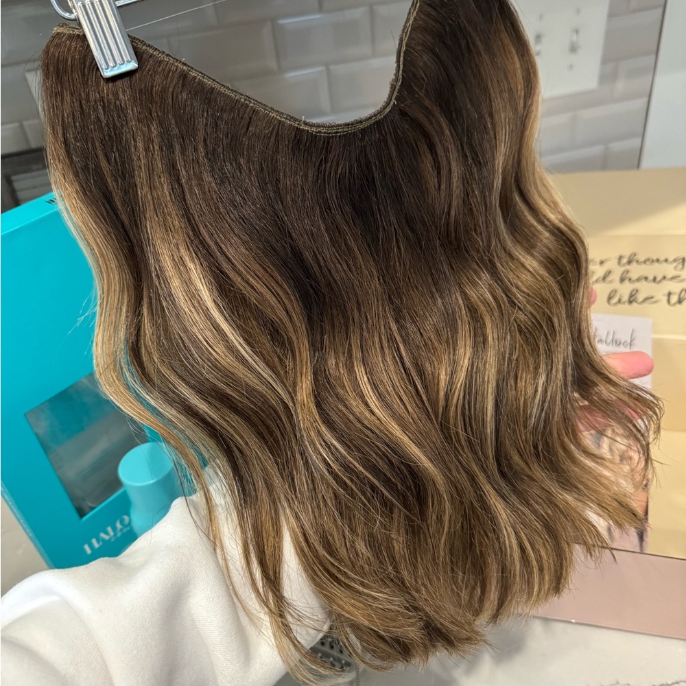 Halo Couture 14” layered balayage extensions custom by Jess Hallock
